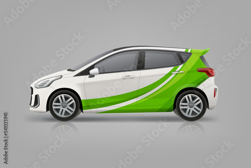 Branding livery on Company Car mockup for corporate identity design. Abstract green graphics Wrap  sticker and decal design for services van and racing car