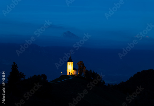 The Church of St. Primož and Felicijan, Slovenia, night and blue hour photo