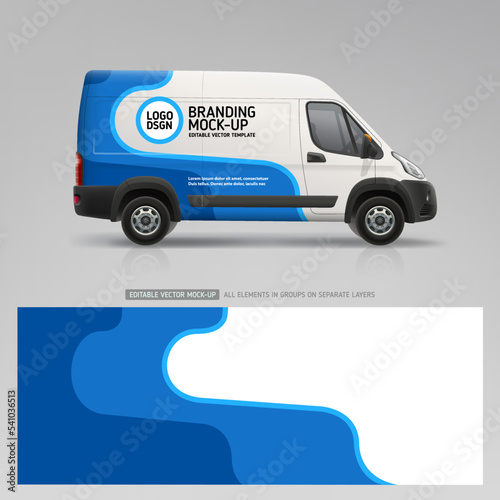 Company Van mockup with blue branding wrap design. Sticker and decal design for company. Abstract blue graphics on corporate vehicle. Brand advertising livery on company Car. Editable vector photo