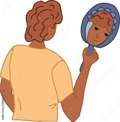 a young guy looks in the mirror, expressing acceptance of his appearance. Positive man admiring his face bodypositive