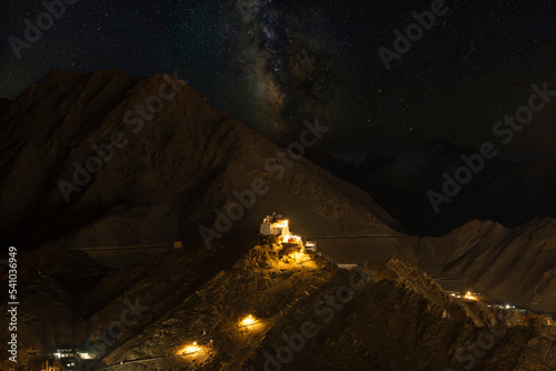 Nightsky with Namgyal Tsemo Gompa, main buddhist monastery centre in Leh, Ladakh, India