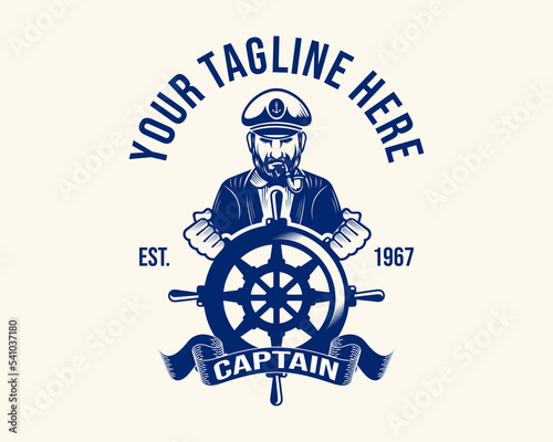 Fotografie, Obraz vector vintage bearded ship captain or captain with pipe and crest hat for nauti