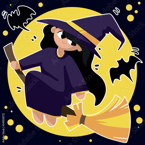 Illustration of halloween sorcerer flying on broom against dark background with moon.