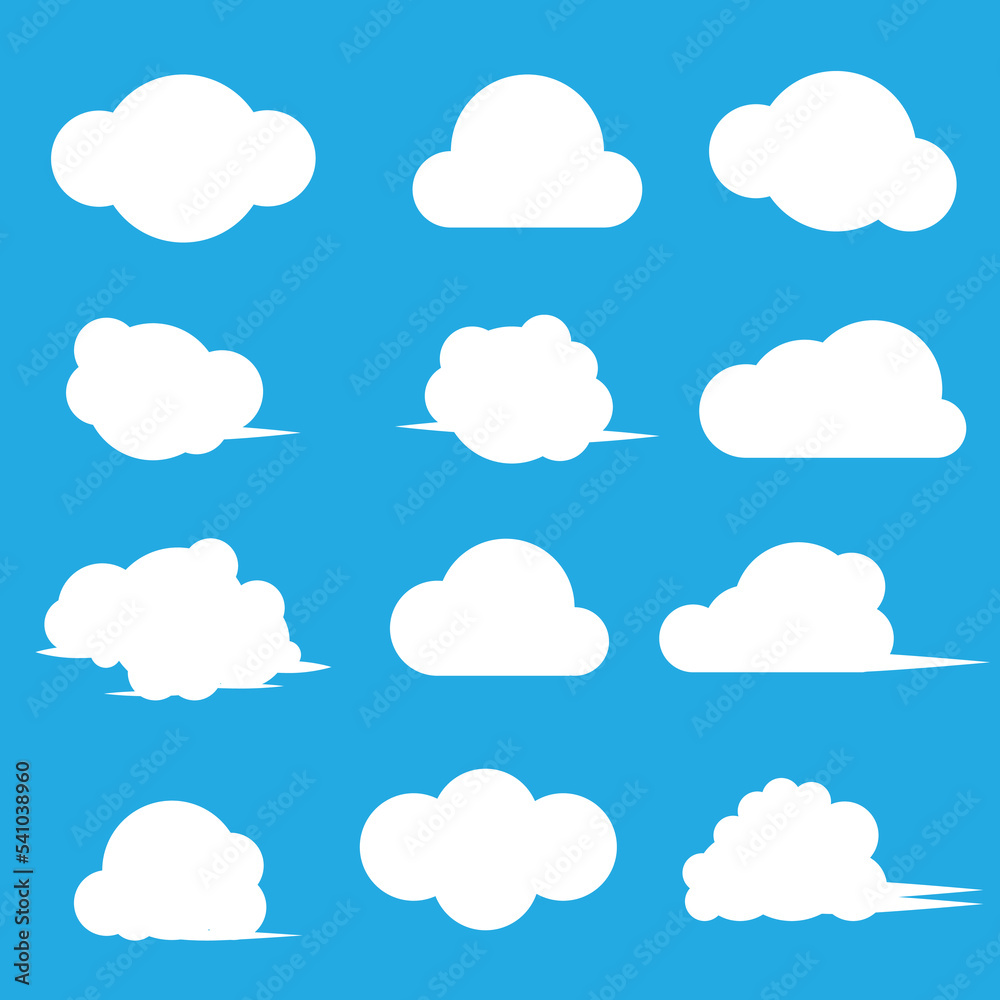 Set of Cloud Icons in flat style isolated on blue background. Vector illustration