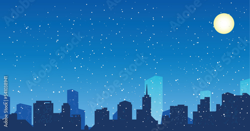 Night cityscape Christmas background with falling snow, and lights. The city in the winter during the night