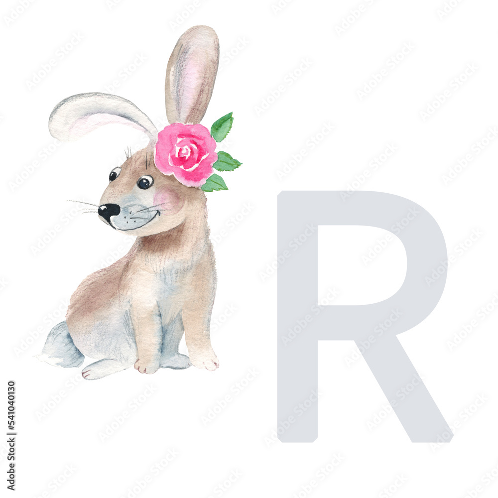 Letter R, rabbit, cute kids animal ABC alphabet. Watercolor ...