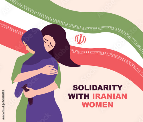 Iranian woman is crying. Women are hugging each other for solidarity. Banner design with national Iranian flag on background. Freedom to women in Iran. Protest concept. Union, straggle and feminism