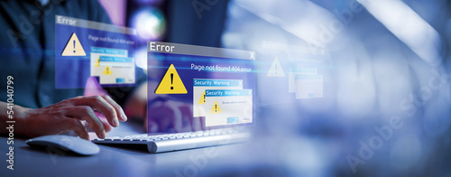 Canvas Print Businessman using computer laptop with triangle caution warning sing , Http 404 error not found page template concept