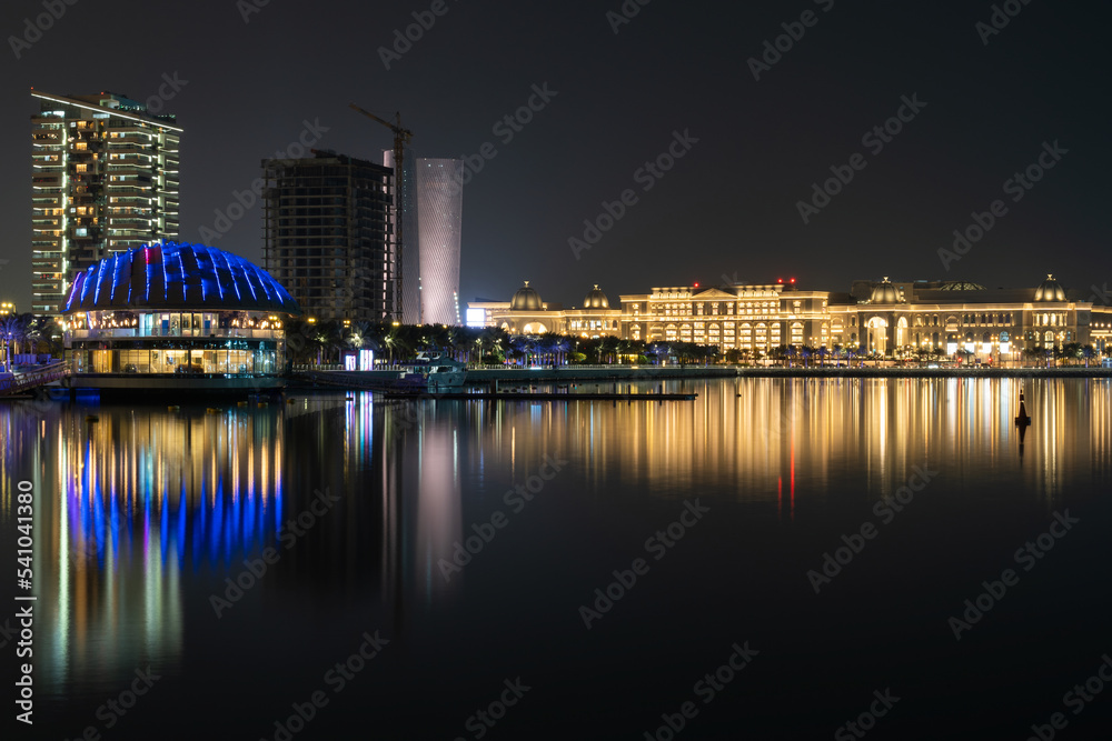 Beautiful night view of Lusail Marina City promenade.