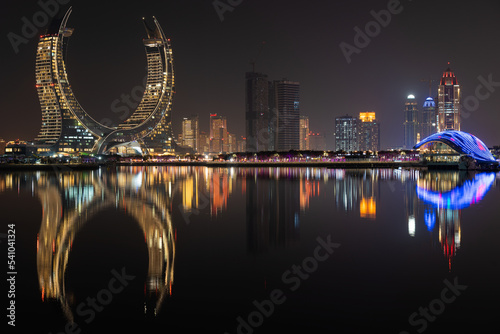 Beautiful night view of Lusail Marina City promenade. photo