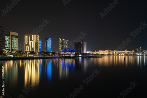 Beautiful night view of Lusail Marina City promenade.