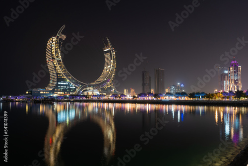 Beautiful night view of Lusail Marina City promenade.