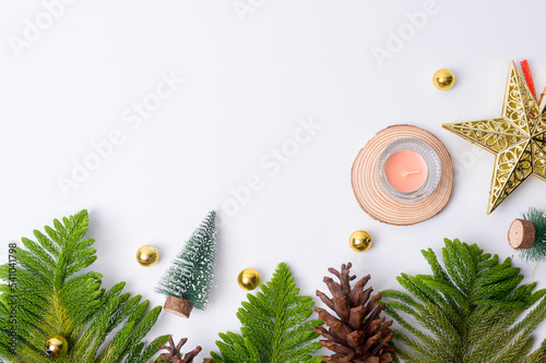 Top view Christmas flat lay decorations on white background