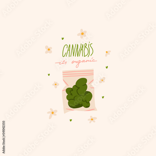 Hand drawn vector abstract graphic illustration of Medical Marijuana, smoking accessories.Hemp bud in package for smoking weed.Cannabis and weed legalization concept design.Trendy vector illustration.