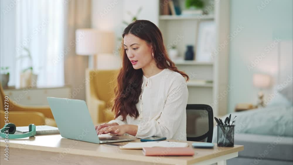 Woman, laptop and typing at desk in home for remote work, seo or digital marketing in home office. Girl, computer and working in house, room or bedroom for social media, online or internet job