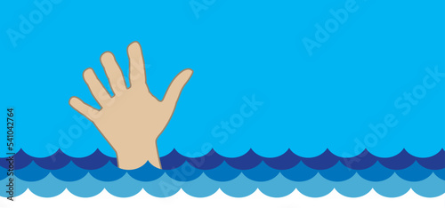Cartoon man or woman to to sink in to the water. Stickman and two hands of drowning man in sea asking for help. hands stretched logo or icon. Helplessness, begs for rescue. No smimming.