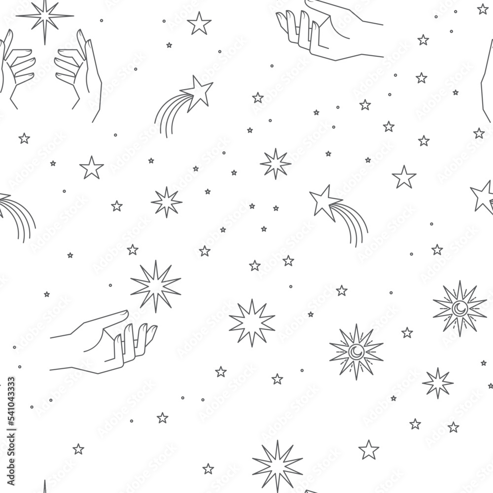 Seamless pattern with constellations. Sun, moon, magic hands and stars. Mystical esoteric background for design. Astrology magical vector. Seamless pattern with constellations. Sun, moon, magic hands and stars. Mystical esoteric background for design. Astrology magical vector.
