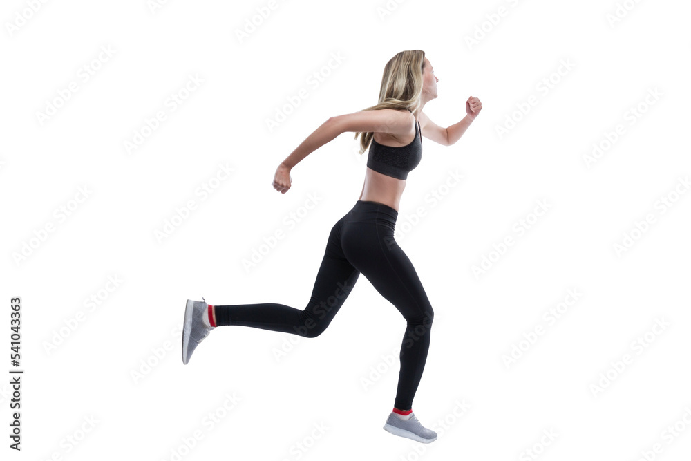 A slender young girl in black sportswear runs. Activity and sport. Isolated on white background. A slender young girl in black sportswear runs. Activity and sport. Isolated on white background.