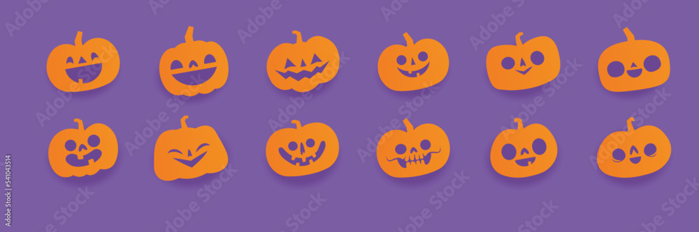 Halloween carved pumpkins. Jack O lantern flat icons. Halloween carved pumpkins. Jack O lantern flat icons.