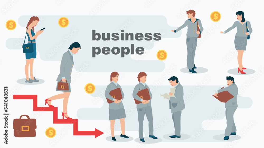 illustration of characters in business suits in different poses men and women business people in the flat style illustration of characters in business suits in different poses men and women business people in the flat style