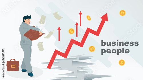 A business man with a folder of documents stands next to a graph leading across the abyss to the top to well being a flat style illustration on the topic of business