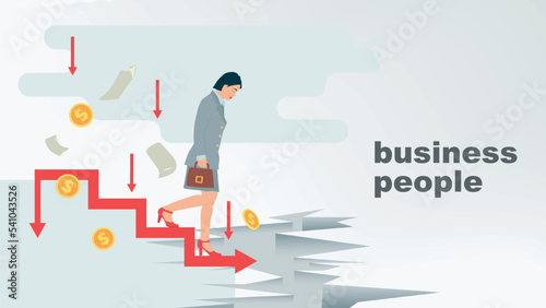 Fototapeta Naklejka Na Ścianę i Meble -  A sad girl with a briefcase walks on a sloping schedule steps down into the abyss illustration in the style of flat on the topic of business