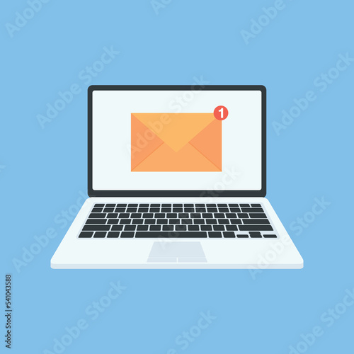 Email notification on laptop. New message. Mail notice on laptop screen. Flat style. Vector illustration.