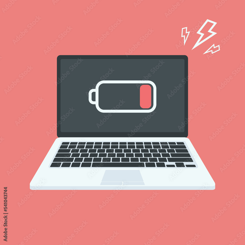 Laptop computer with low battery sign on screen, vector flat illustration Laptop computer with low battery sign on screen, vector flat illustration