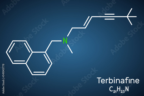 Terbinafine molecule. It is allylamine antifungal used to treat dermatophyte infections of toenails and fingernails. Structural chemical formula on the dark blue background