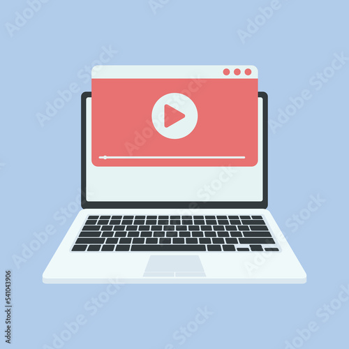Modern laptop with video player on screen. Online video, watch movies, educational materials, web courses concepts. Long shadow flat design. Vector illustration