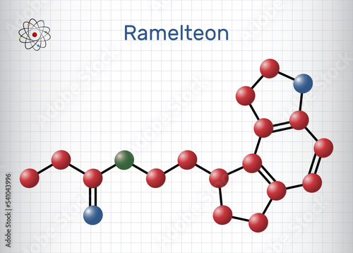 Ramelteon molecule. It is sleep agent, melatonin receptor agonist used to treat insomnia. Structural chemical formula, molecule model. Sheet of paper in a cage