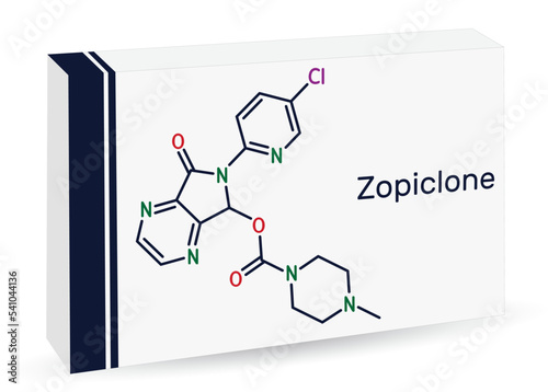 Zopiclone molecule. It is nonbenzodiazepine hypnotic, used to treat difficulty sleeping. Skeletal chemical formula. Paper packaging for drugs.