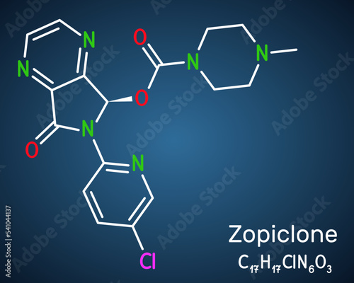 Zopiclone molecule. It is nonbenzodiazepine hypnotic, used to treat difficulty sleeping. Structural chemical formula on the dark blue background