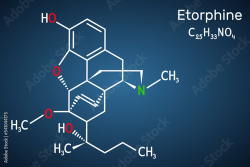 Etorphine,  M99 molecule. It is morphinane alkaloid, opioid analgesic, sedative only for veterinary use. Structural chemical formula on the dark blue background