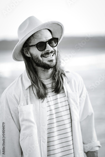 beautiful man in hat on the beach in varna bulgaria, model shooting © Marius