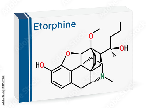 Etorphine,  M99 molecule. It is morphinane alkaloid, opioid analgesic, sedative only for veterinary use. Skeletal chemical formula. Paper packaging for drugs