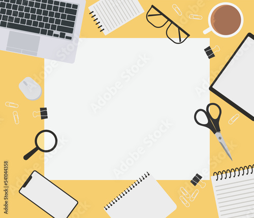 Top view of modern business office workspace background. Flat Illustration of office desk with laptop, digital devices and notepad