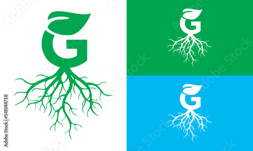abstract G icon illustration with roots and leaves