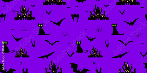 Seamless pattern with black cat, mystical castle, bats and spiders. Design of labels and wallpapers for Halloween. Stock vector illustration of a mystical mood.