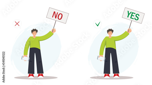 Man holding banner yes no, idea or choice, correct and incorrect dialog mark decent vector concept, flat vector illustration