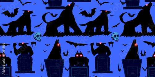 Seamless pattern with a werewolf in a graveyard and bats. Halloween wallpaper design. Stock vector illustration of a mystical mood.