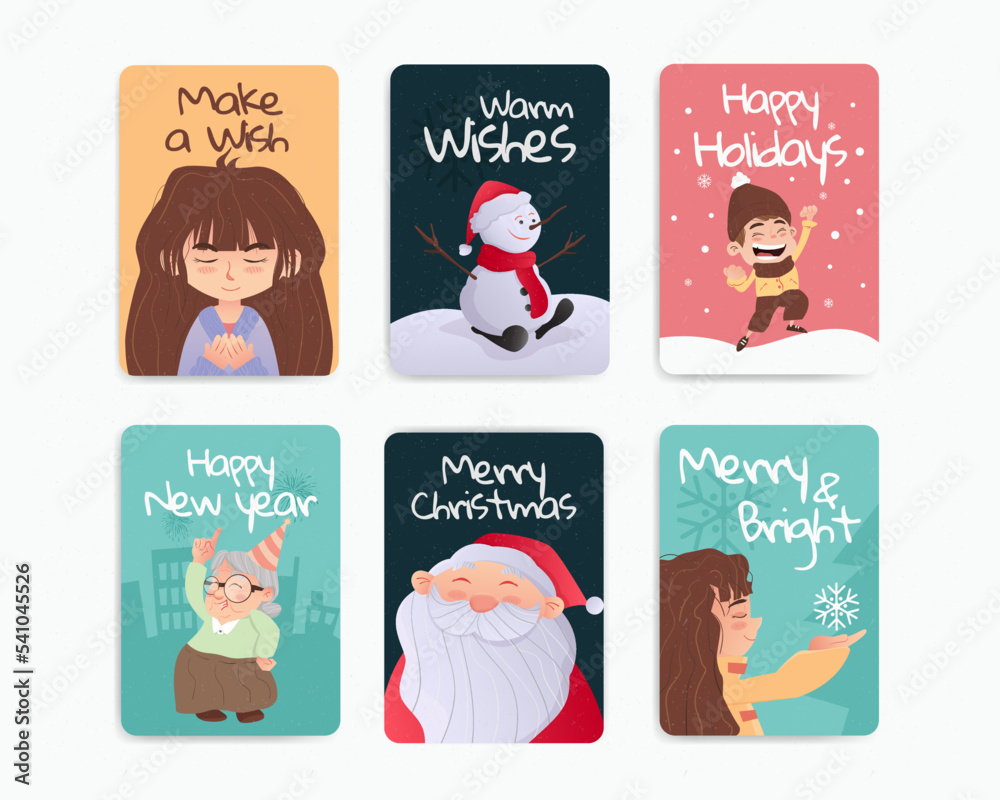 Christmas and new year greeting cards, with a cute character santa claus, snow man and people character. vector illustration Christmas and new year greeting cards, with a cute character santa claus, snow man and people character. vector illustration