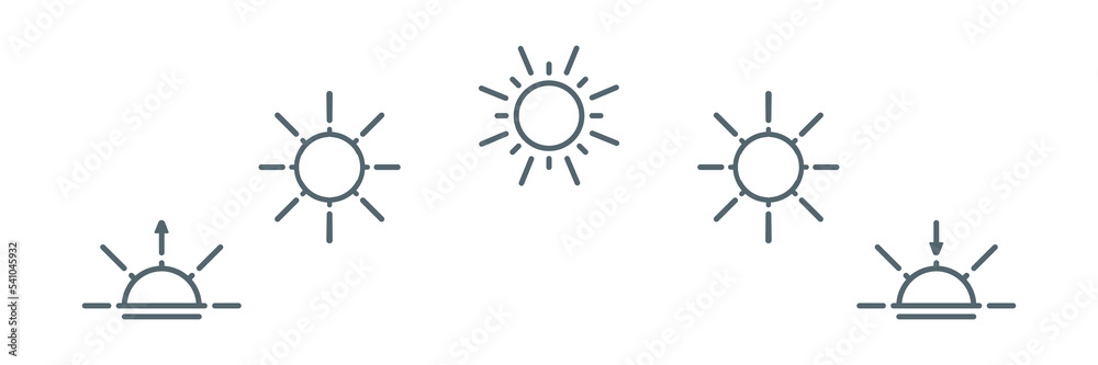 Daytime or Day cycle line icon set. Sun position Changing. Movement path sun. Clock with the time of day. Natural phenomenon. Sunshine Sunrise Sunset. Vector illustration