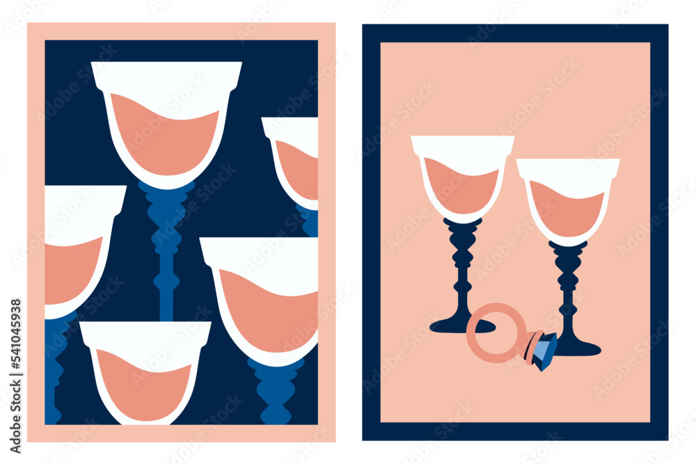 Collection of modern posters. Stylish trendy cards with glass of wine, cocktail, diamond, ring. Vector flat illustration for Valentine's day, holidays, gift, romantic dinner, party, wedding, dating Collection of modern posters. Stylish trendy cards with glass of wine, cocktail, diamond, ring. Vector flat illustration for Valentine's day, holidays, gift, romantic dinner, party, wedding, dating