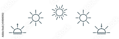 Daytime or Day cycle line icon set. Sun position Changing. Movement path sun. Clock with the time of day. Natural phenomenon. Sunshine Sunrise Sunset. Vector illustration