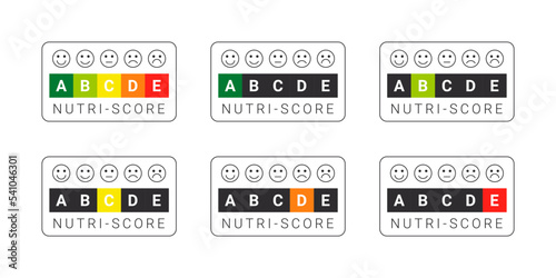 Nutri-score labels with emoticons. Food rating system signs. Health care nutrition indicator. Nutri-score stickers. Vector illustration