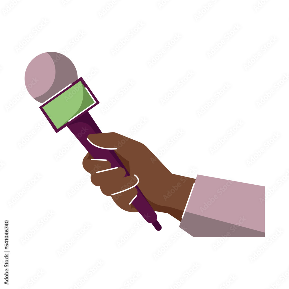 Cartoon reporter hand with microphone. Flat vector illustration. Public interest sharing his opinion or comment with reporters, standing in front of mics. News Cartoon reporter hand with microphone. Flat vector illustration. Public interest sharing his opinion or comment with reporters, standing in front of mics. News