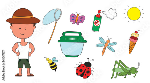 Set of children catching insects. Children summer vacation insects collection and bugs hunting equipments . Vector illustration in a flat style on a white background. All objects are isolated