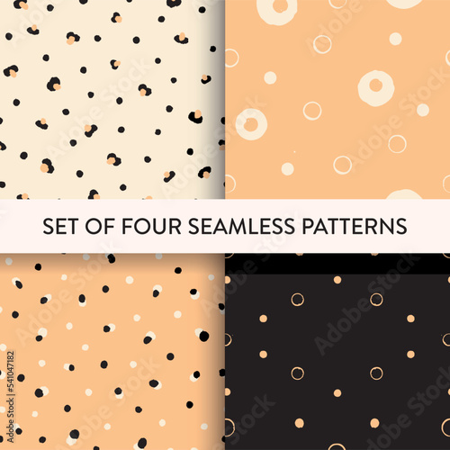 Stylish seamless repeat pattern set with polka, spots, circles. Vector illustration. Simple pattern collection for print, scrapbooking, wallpaper, textile, fashion, packaging.