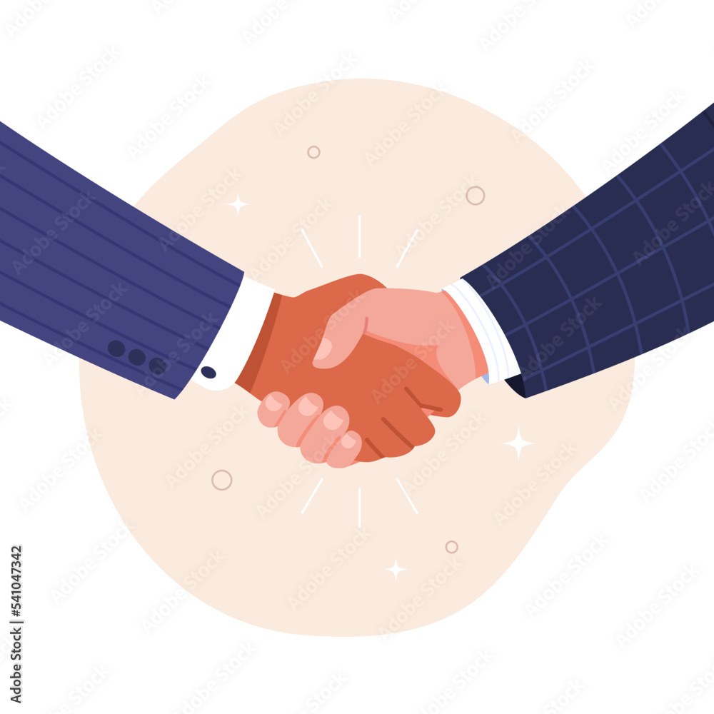 Handshake. Vector cartoon illustration of male hands in business suits shaking each other. Isolated on neutral background.